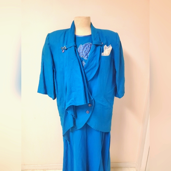 80s Cerulean Jacket, Top & Skirt 3-Piece Set with Floral Applique and Beading - Picture 2 of 16